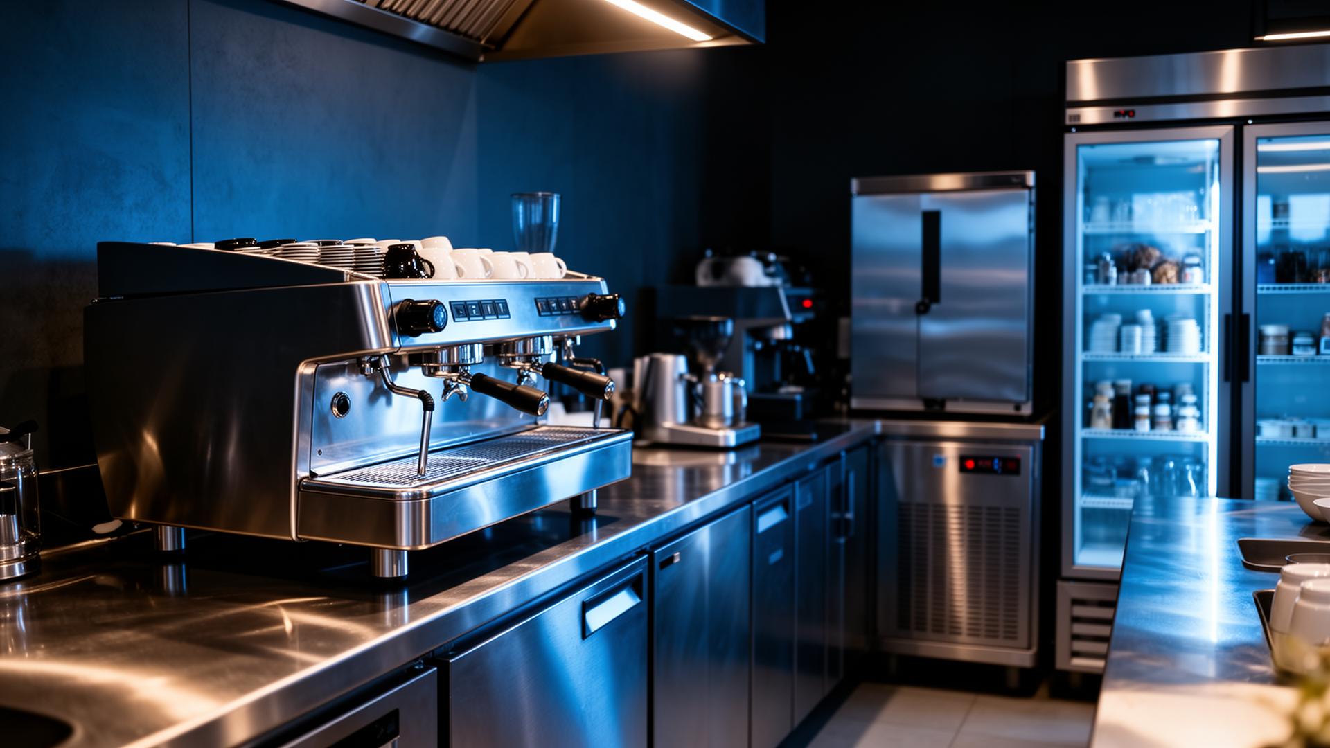 Commercial kitchen with espresso machine, ice maker, and refrigeration